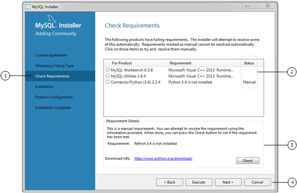 MySQL Installer check-requirements screen before any requirements are downloaded and installed.