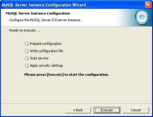 MySQL Server Instance Configuration Wizard: Execute the configuration.