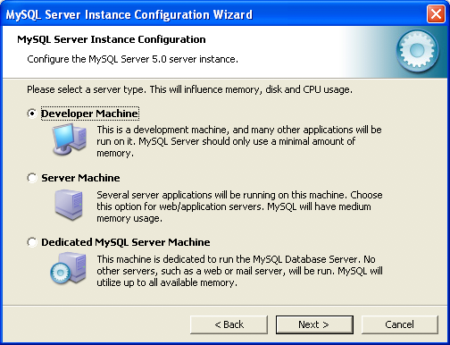 MySQL Server Instance Configuration Wizard: Choose a server type.