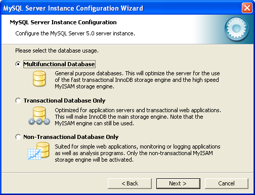 MySQL Server Instance Configuration Wizard: Select a usage pattern.