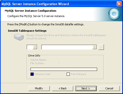 MySQL Server Instance Configuration Wizard: Set the InnoDB data tablespace.