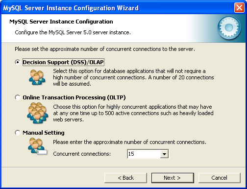 MySQL Server Instance Configuration Wizard: Set concurrent connections.