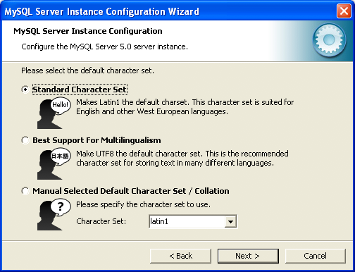 MySQL Server Instance Configuration Wizard: Choose a character set.