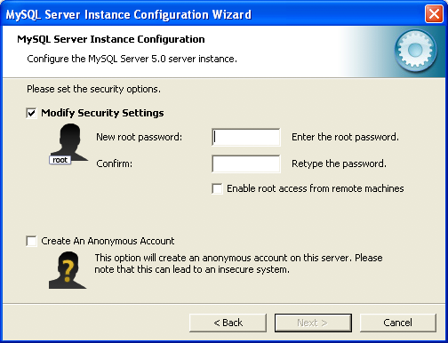 MySQL Server Instance Config Wizard: Select security options.