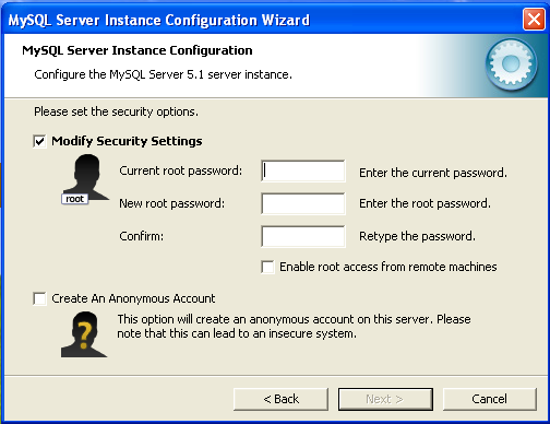 MySQL Server Instance Config Wizard: Modify security settings for an existing installation.